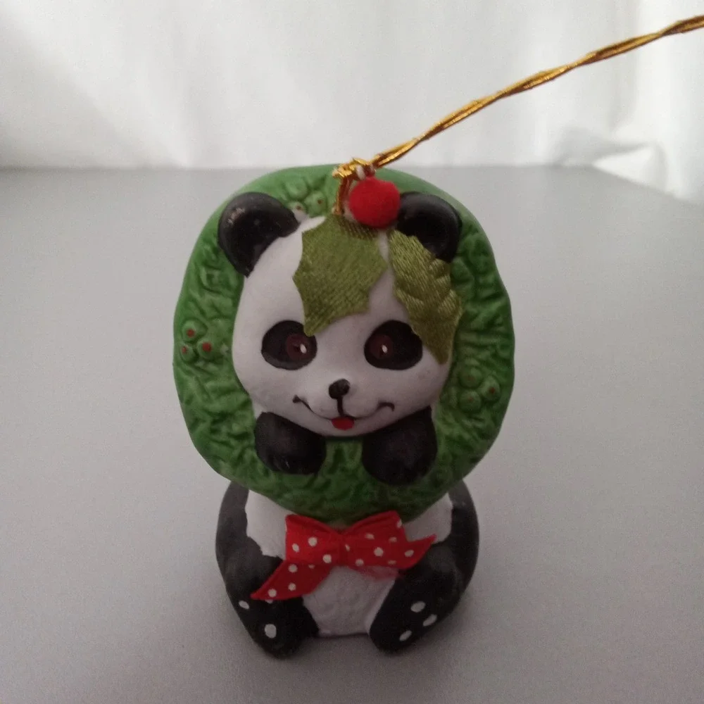 Vintage Ceramic Panda Bear Christmas Wreath Bell Ornament Red Polka Dot Bow 3in